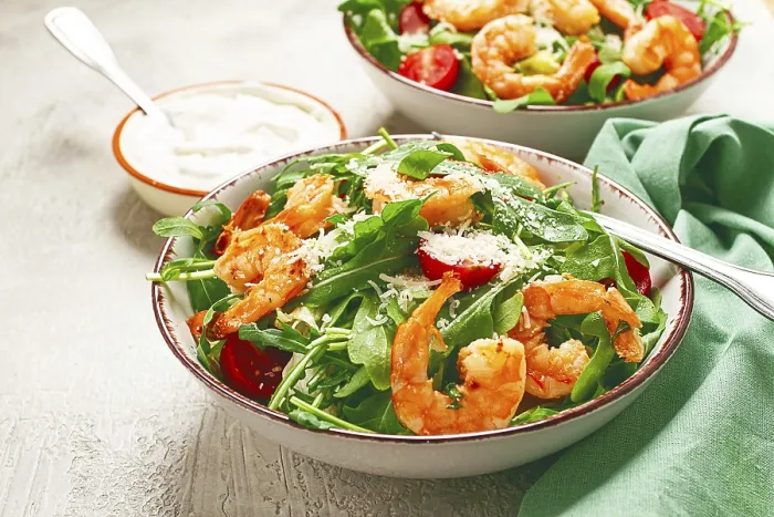 Framed Print : Two bowls of shrimp salad, arugula and cherry tomatoes Framed Print : Two bowls of shrimp salad, arugula and cherry tomatoes