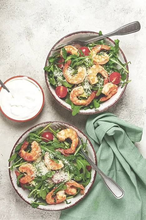 Framed Print : Two bowls of shrimp salad, arugula and cherry tomatoes