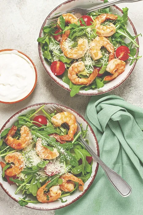 Framed Print : Two bowls of shrimp salad, arugula and cherry tomatoes