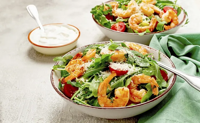 Framed Print : Two bowls of shrimp salad, arugula and cherry tomatoes Framed Print : Two bowls of shrimp salad, arugula and cherry tomatoes