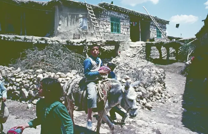 Framed Print : Boy, girl, children, donkey with sack, Kurdish village Karadut, south-east Anatolia, Turkey, May 1987, vintage, retro, old, historical, Asia