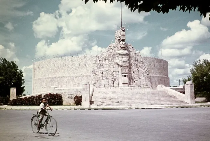 Framed Print : Boy riding a bicycle at the Monumento a la Patria, Monument to the Homeland, Paseo de Montejo, Merida, Yucatan, Mexico, around 1961, created by Romulo Rozo, Central America