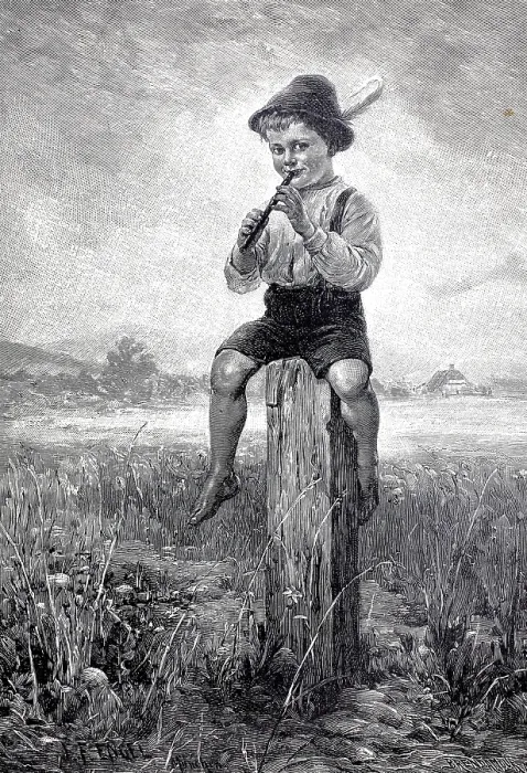 Framed Print : Boy sitting on a pole and practicing the first notes with a flute Framed Print : Boy sitting on a pole and practicing the first notes with a flute