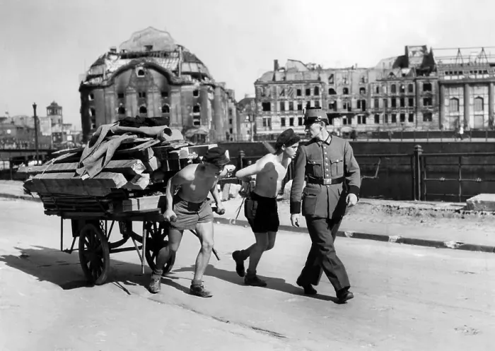 Framed Print : Boys pulling a trailer, historical photo, 1945