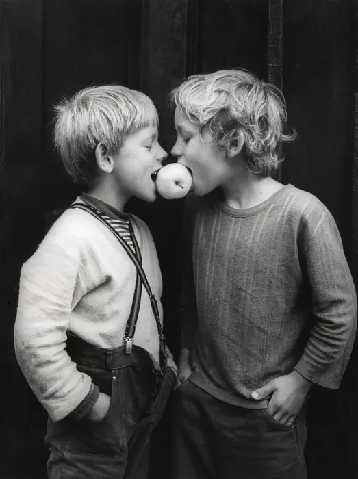 Framed Print : Two boys share an apple about 1970s