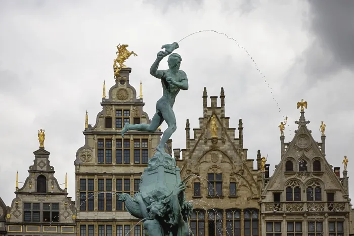 Framed Print : Brabo fountain and traditional flemish architecture at Grote Markt square in Antwerp in Belgium Framed Print : Brabo fountain and traditional flemish architecture at Grote Markt square in Antwerp in Belgium