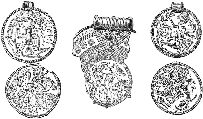 Framed Print : Bracteates, old coins or medals that were exchanged as valuables, made of wood or metal, Germanic bracteates since the migration of peoples in the 5th and 6th centuries BC, rich ornamentation with runic writing, human and animal motifs