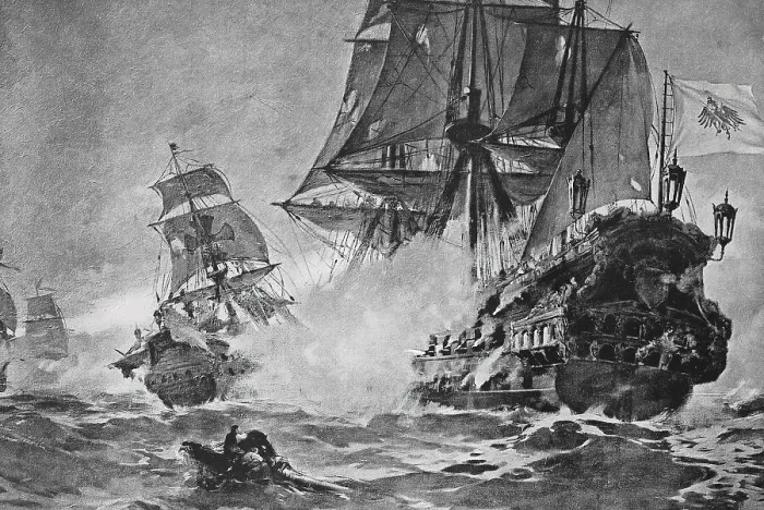 Framed Print : The Brandenburgers attack the Spanish treasure fleet Framed Print : The Brandenburgers attack the Spanish treasure fleet