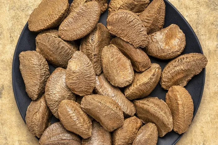 Framed Print : Brazilian nuts on a black plate against buckskin textured paper background with a copy space