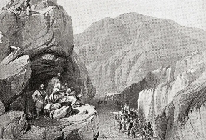 Framed Print : British forces traverse Sir I Khajur in Bolan Pass in 1839
