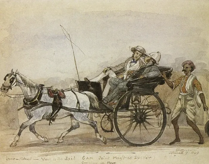 Framed Print : British men in horse cart visit to jail, India, 1995, As ia