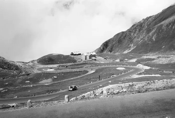 Framed Print : Broken down car Grossglockner High Alpine Road, Wilfried-Haslauer-Haus or Haus Alpine Naturschau, Hohe Tauern National Park, Salzburger Land, Austria, Europe 1956, Europe