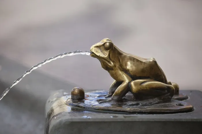 Framed Print : Bronze gilded frog sculpture pouring water
