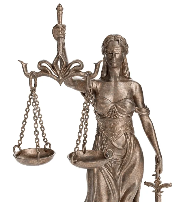 Framed Print : Bronze lady of justice statue isolated on a white background Framed Print : Bronze lady of justice statue isolated on a white background