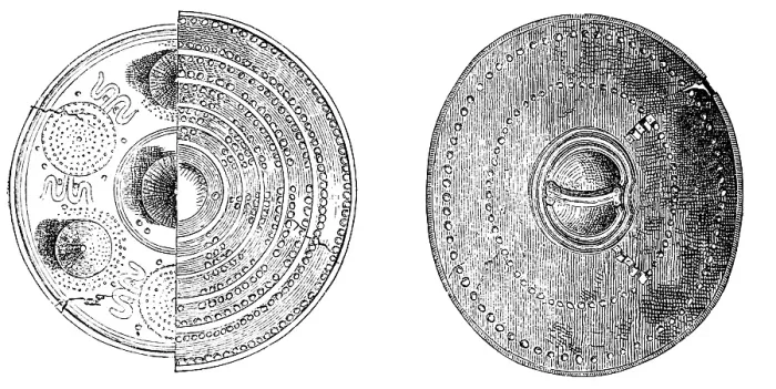 Framed Print : Bronze shields, bronze ore, rich ornamentation, craft, weapon, defence, war, fight, defence, history of mankind, historical illustration 1880