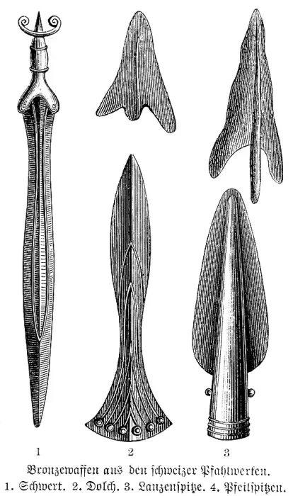 Framed Print : Bronze weapons from prehistoric Swiss pile dwellings, sword, dagger, spearhead, arrowhead, history of mankind, Switzerland, historical illustration 1880, Europe