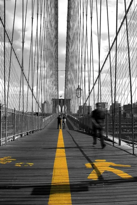 Framed Print : Brooklyn Bridge with yellow markings for pedestrians Framed Print : Brooklyn Bridge with yellow markings for pedestrians