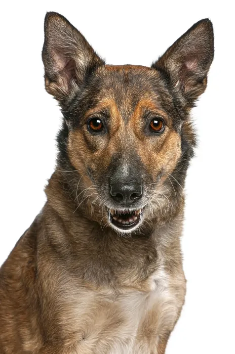 Framed Print : Brown mixed breed dog with upright ears and an alert expression on a white background