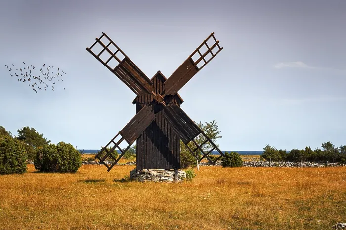 Framed Print : Brown wooden windmill, flock of birds in the evening sky Framed Print : Brown wooden windmill, flock of birds in the evening sky