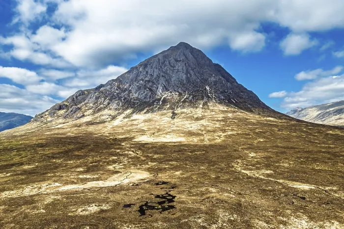 Framed Print : The Buachaille Mountain and Moors over Glen Etive Valley from a drone Framed Print : The Buachaille Mountain and Moors over Glen Etive Valley from a drone