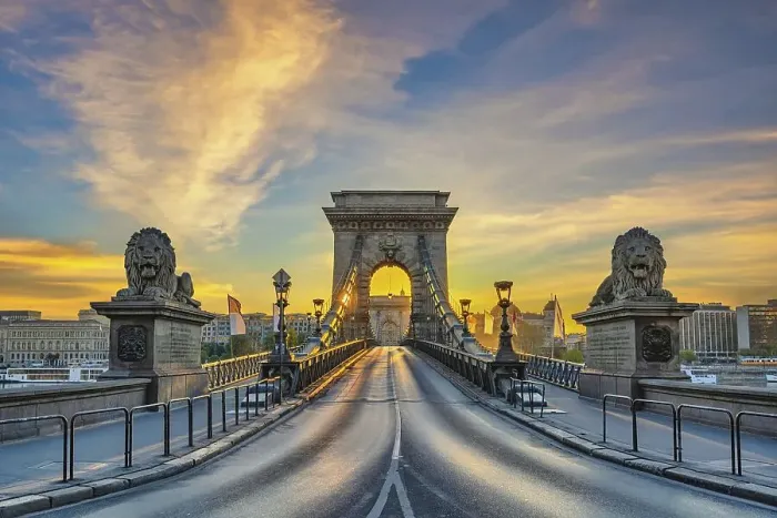 Framed Print : Budapest Hungary, city skyline sunrise at Chain Bridge with famous lion statue