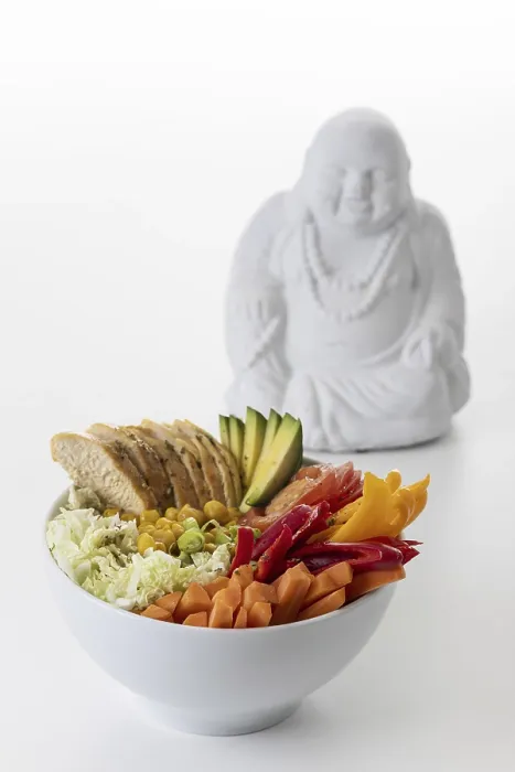 Framed Print : Buddha Bowl with chicken on wood