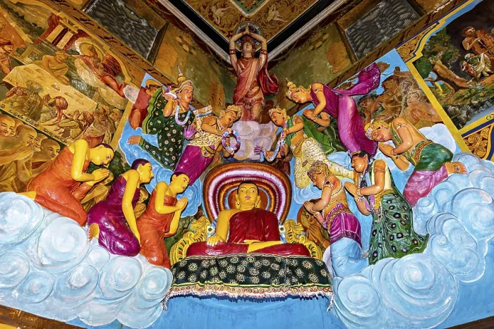 Framed Print : Buddha scene with figures standing in prayer surrounded by colorful frescoes and vivid colors
