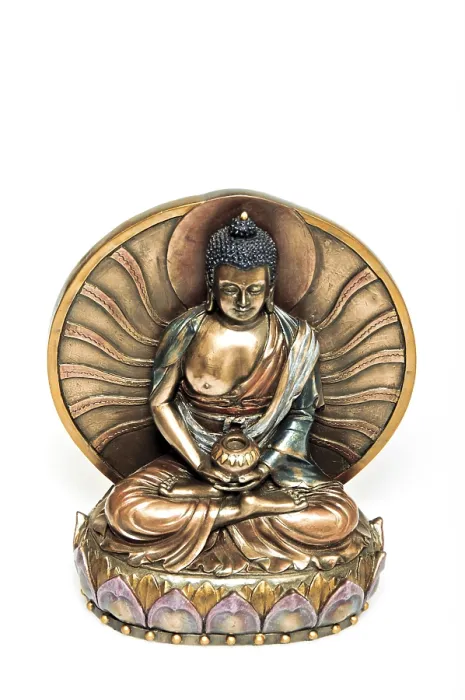 Framed Print : Buddha sculpture on lotus base with radiant backdrop