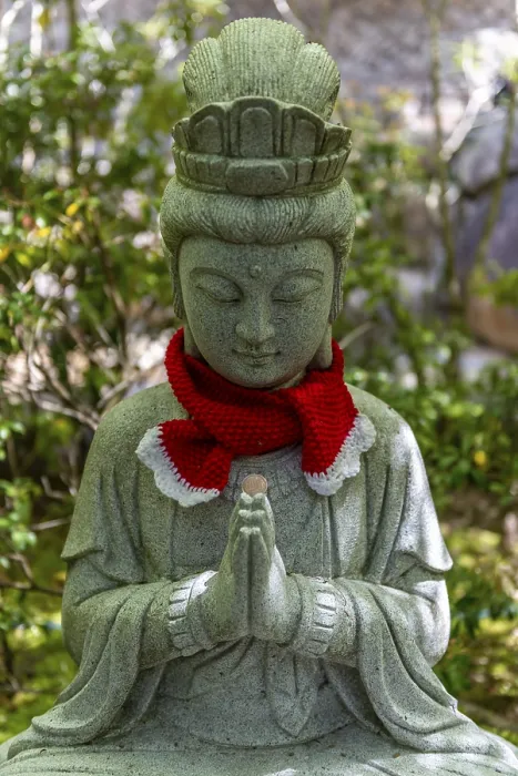 Framed Print : Buddha statue with colorful caps Framed Print : Buddha statue with colorful caps