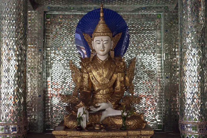 Framed Print : Buddha statue inside a shrine with mirror mosaic Framed Print : Buddha statue inside a shrine with mirror mosaic
