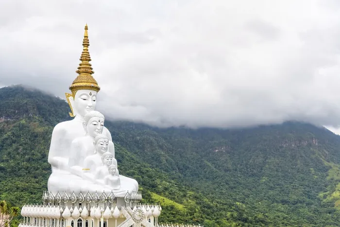 Framed Print : Buddha statue has large white five body on mountain surrounded by nature with cloud fog cover at Wat Phra That Pha Sorn Framed Print : Buddha statue has large white five body on mountain surrounded by nature with cloud fog cover at Wat Phra That Pha Sorn