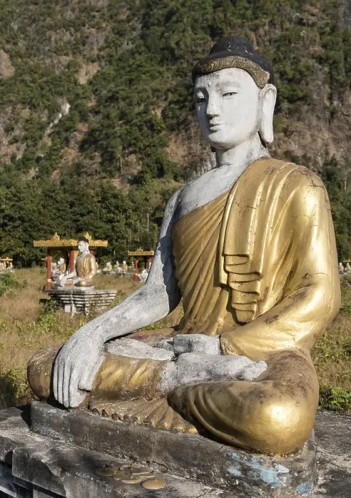 Framed Print : Buddha statue in Lumbini Garden under Mt Zwegabin