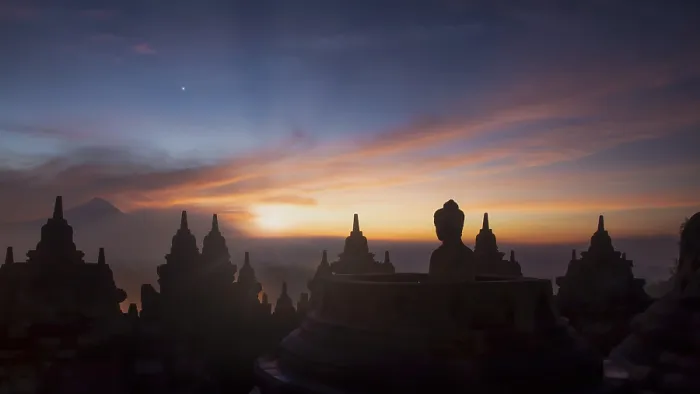 Framed Print : Buddha statue at sunrise, Borobudur temple complex Framed Print : Buddha statue at sunrise, Borobudur temple complex
