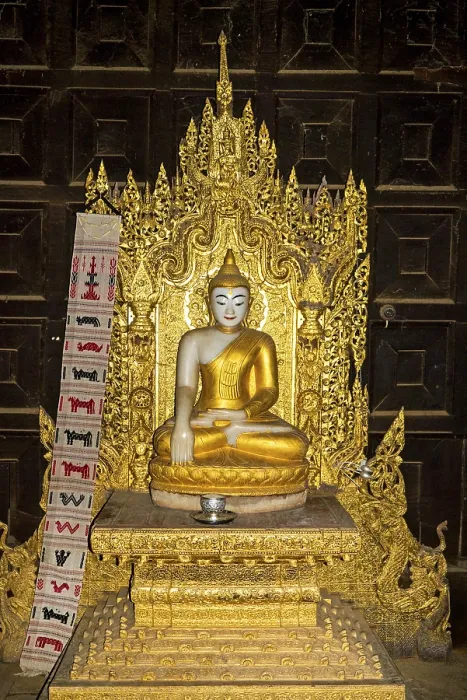 Framed Print : Buddha statue in teakwood monastery Framed Print : Buddha statue in teakwood monastery