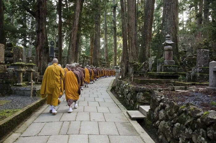 Framed Print : Buddhist monks walking to a temple in Koya-san