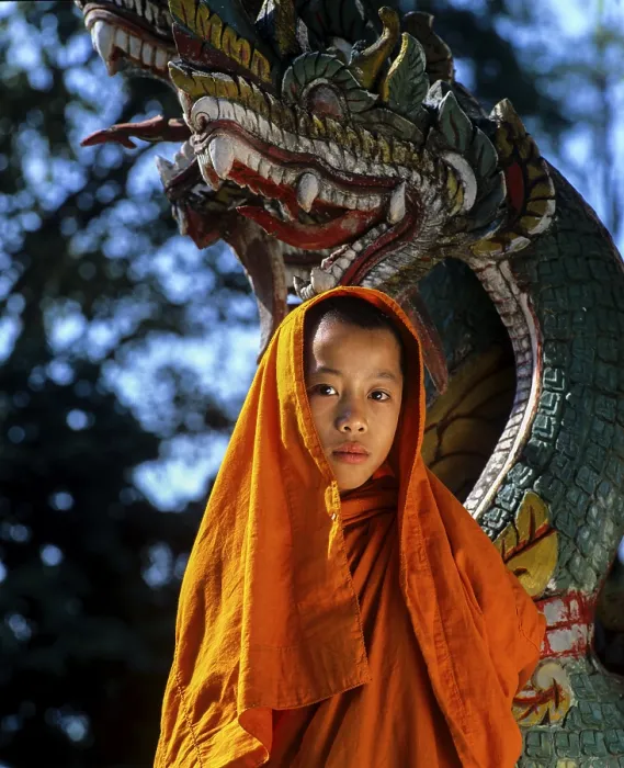 Framed Print : Buddhist novice in front of a Naga figure