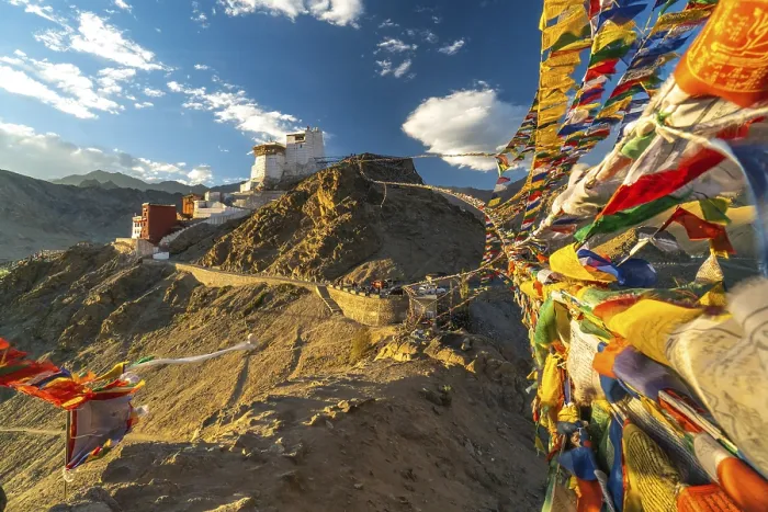 Framed Print : Buddhist Prayer flags connecting two peaks of Peak of Victory above Leh