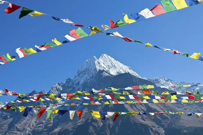 Framed Print : Buddhist prayer flags in front of Kangtega Mountain above Namche Bazar (3)