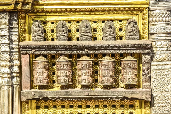 Framed Print : Buddhist prayer wheels, monkey temple Swayambhunath