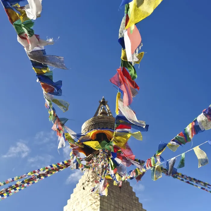 Framed Print : Buddhist Shrine Boudhanath Stupa with pray flags over blue sky