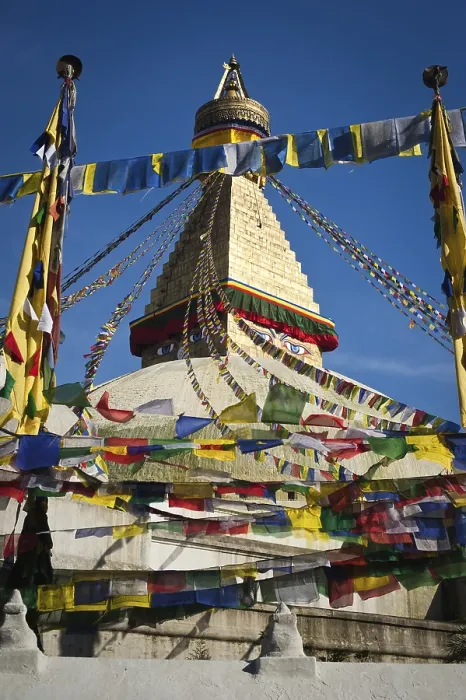 Framed Print : Buddhist Shrine Boudhanath Stupa with pray flags over blue sky