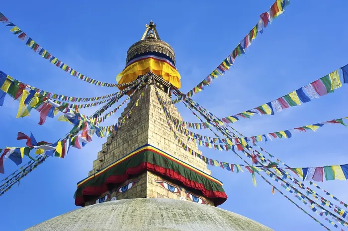 Framed Print : Buddhist Shrine Boudhanath Stupa with pray flags over blue sky