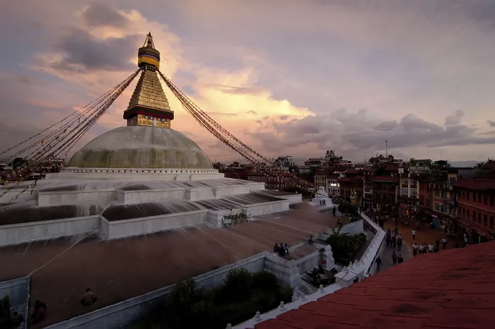 Framed Print : Buddhist Shrine Boudhanath Stupa with pray flags over sunset sky