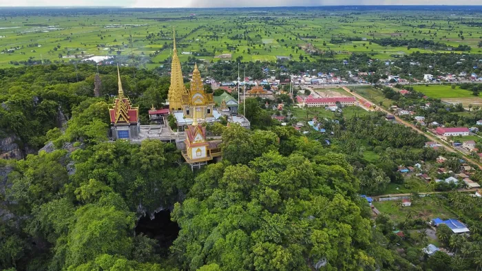 Framed Print : A buddhist temple on a mountain in Cambodia seen from above