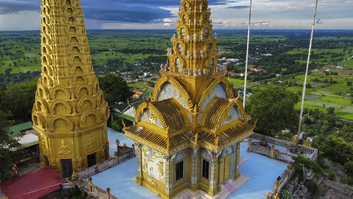Framed Print : A buddhist temple on a mountain in Cambodia seen from above