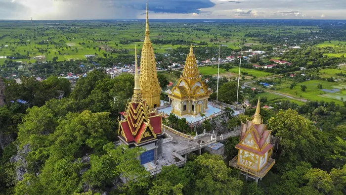 Framed Print : A buddhist temple on a mountain in Cambodia seen from above