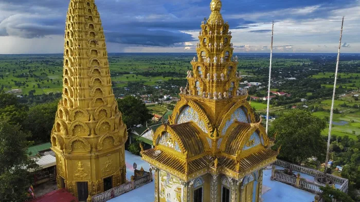 Framed Print : A buddhist temple on a mountain in Cambodia seen from above