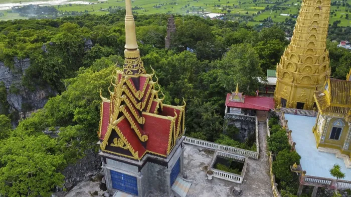 Framed Print : A buddhist temple on a mountain in Cambodia seen from above