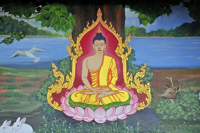 Framed Print : Buddhist wall painting, meditating Buddha