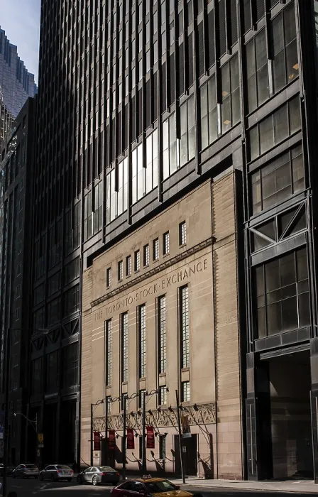 Framed Print : Building facade of the Toronto Stock Exchange surrounded by tall skyscrapers in Toronto